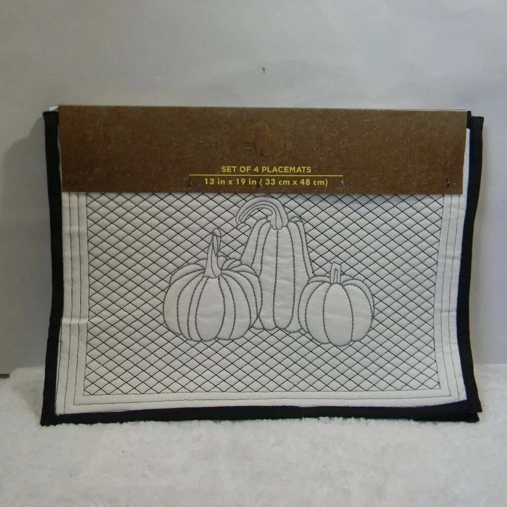 Harvest Home Set of 4 Pumpkin Placemats Fall Black White Neutral NEW